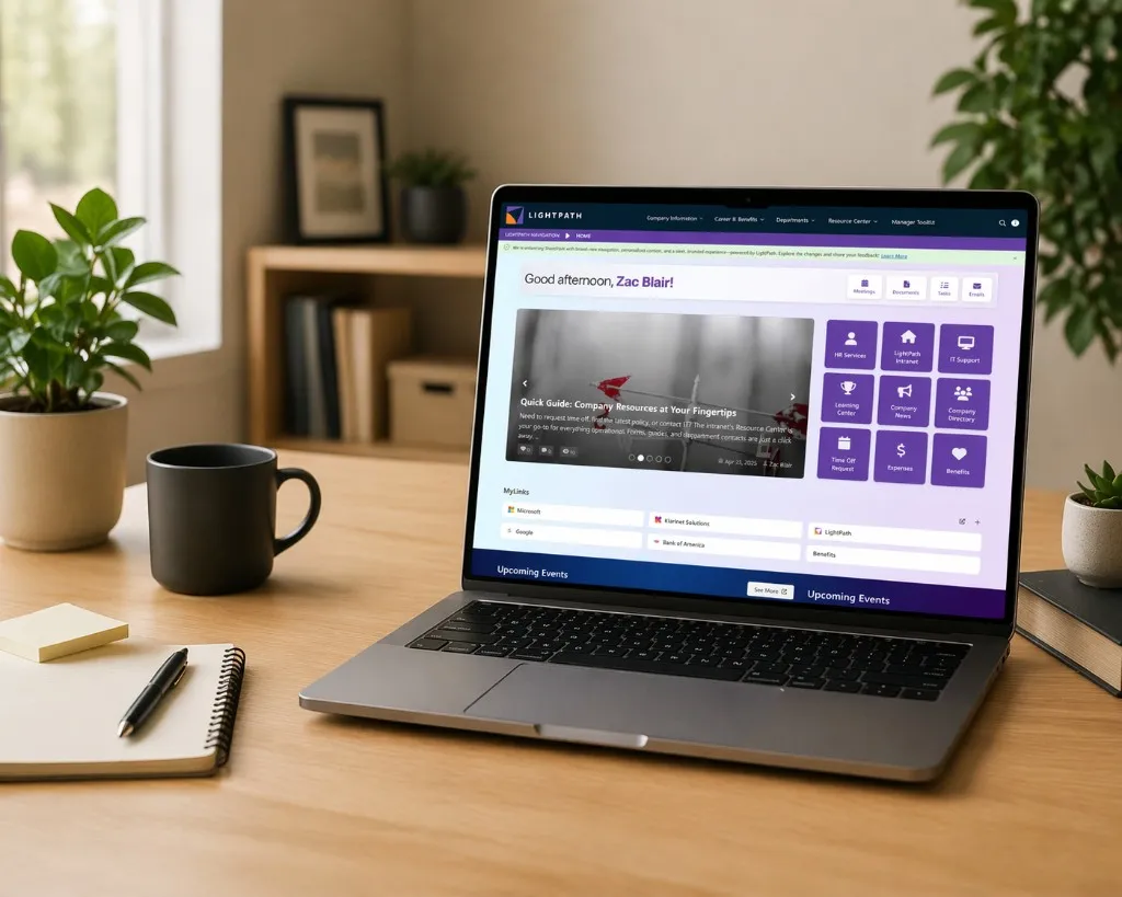 LightPath intranet on a laptop: branded navigation, home page with greeting, carousel, and quick links.