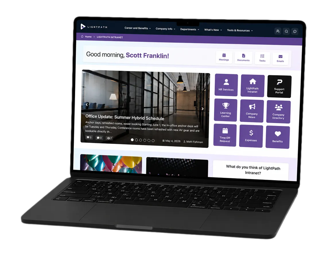 LightPath Intranet on a laptop: branded navigation, home page with greeting, carousel, and quick links.